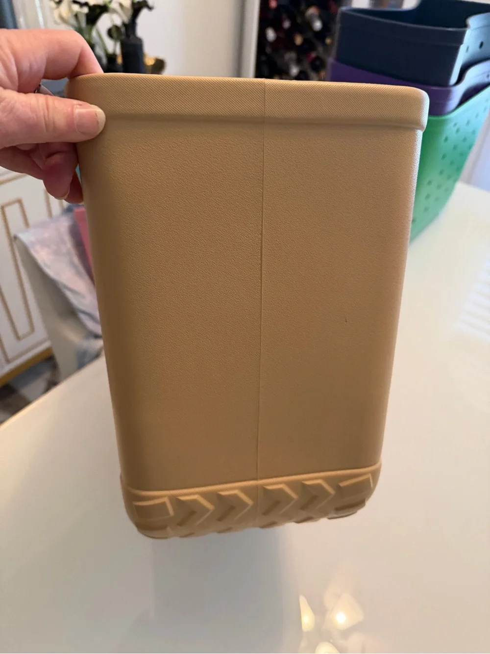 Versatile Tan Plastic Storage Bin with Vent Holes